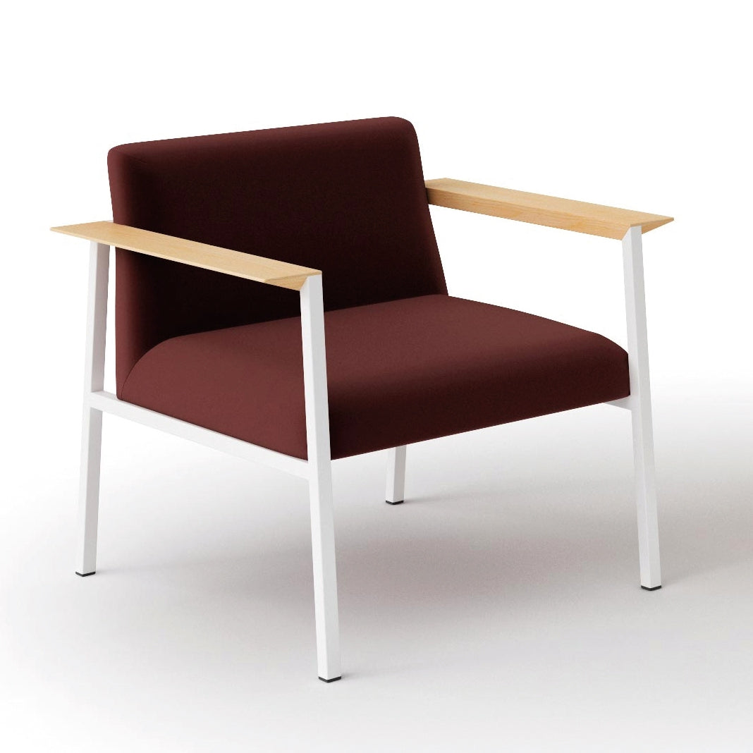 Ado 1-zits loungefauteuil met bordeauxrode bekleding, wit frame en houten armleggers