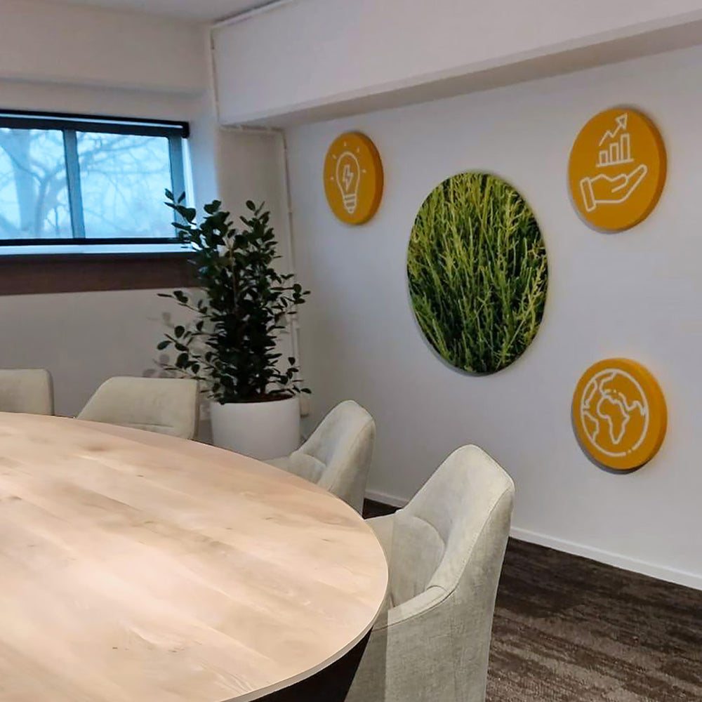 Kantoorruimte met vergadertafel en meerdere muurcirkels in groen en beige aan de wand