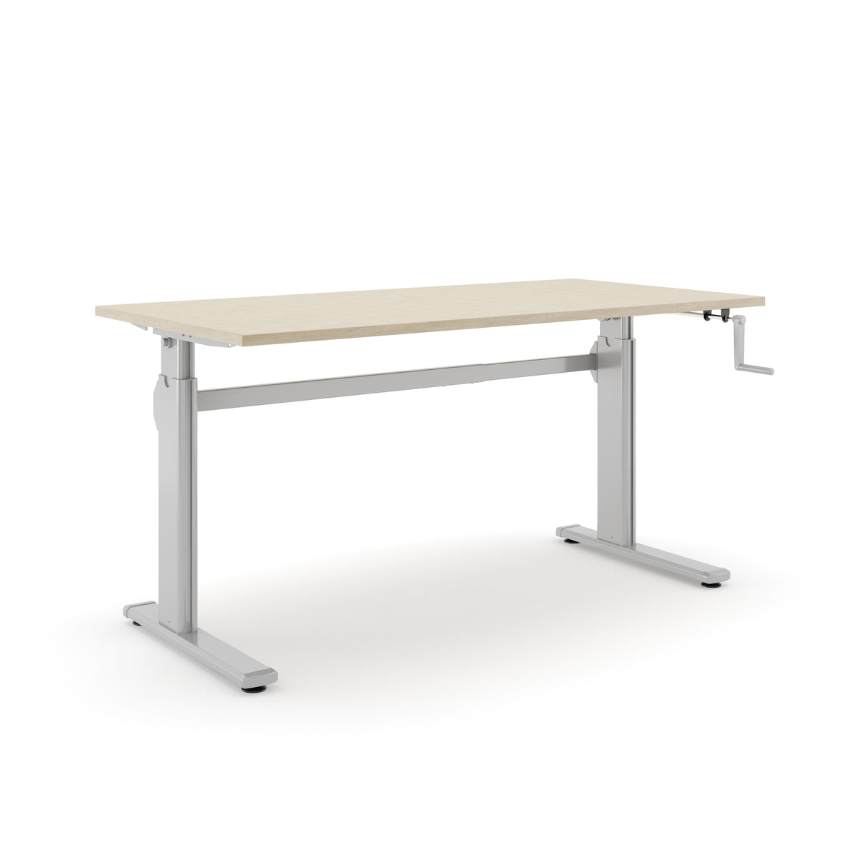 Zit-sta bureau AF 110 met blad in licht eikendecor op een aluminiumkleurig T-frame met handslinger