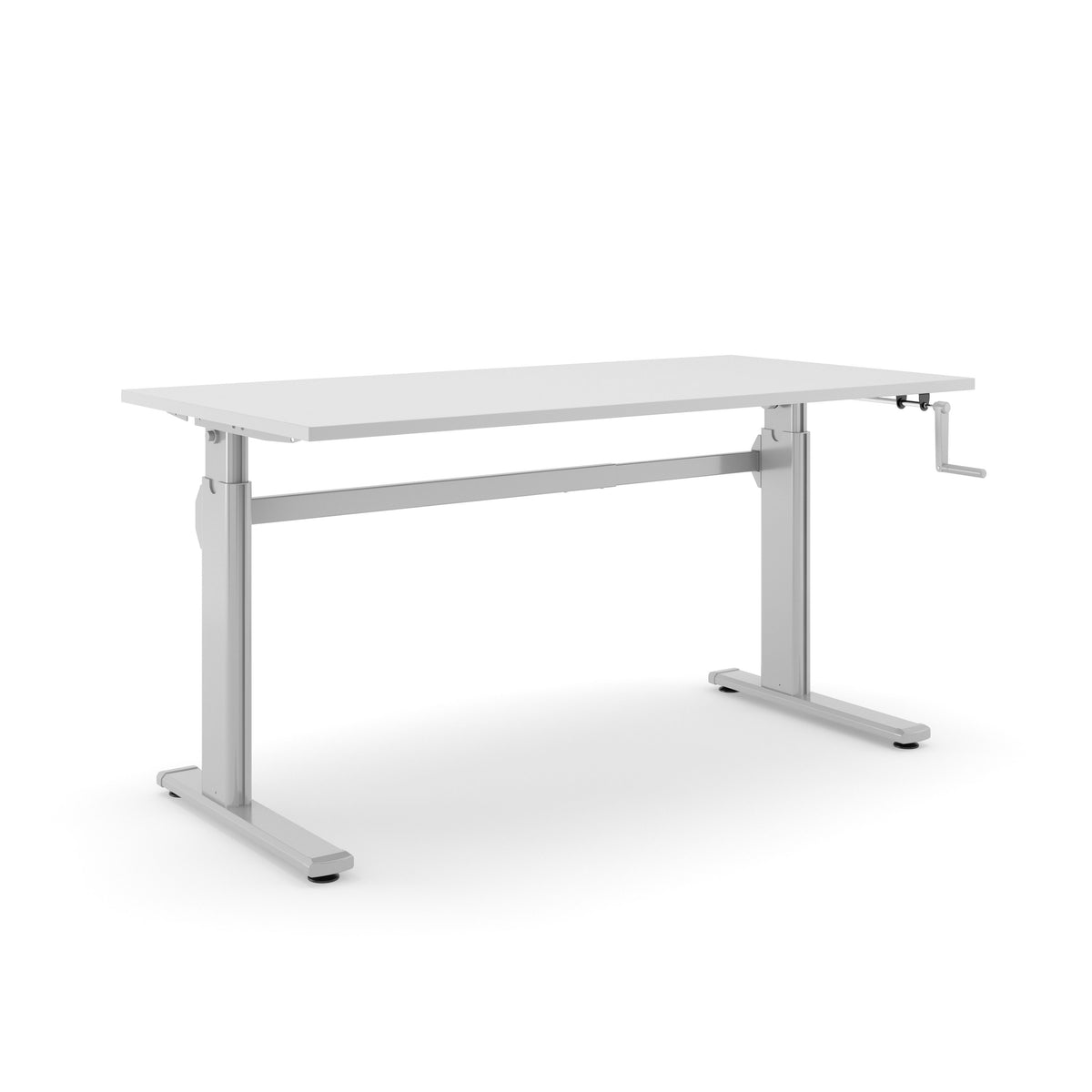 Zit-sta bureau AF 110 met zilvergrijs blad op een aluminiumkleurig T-frame met handslinger