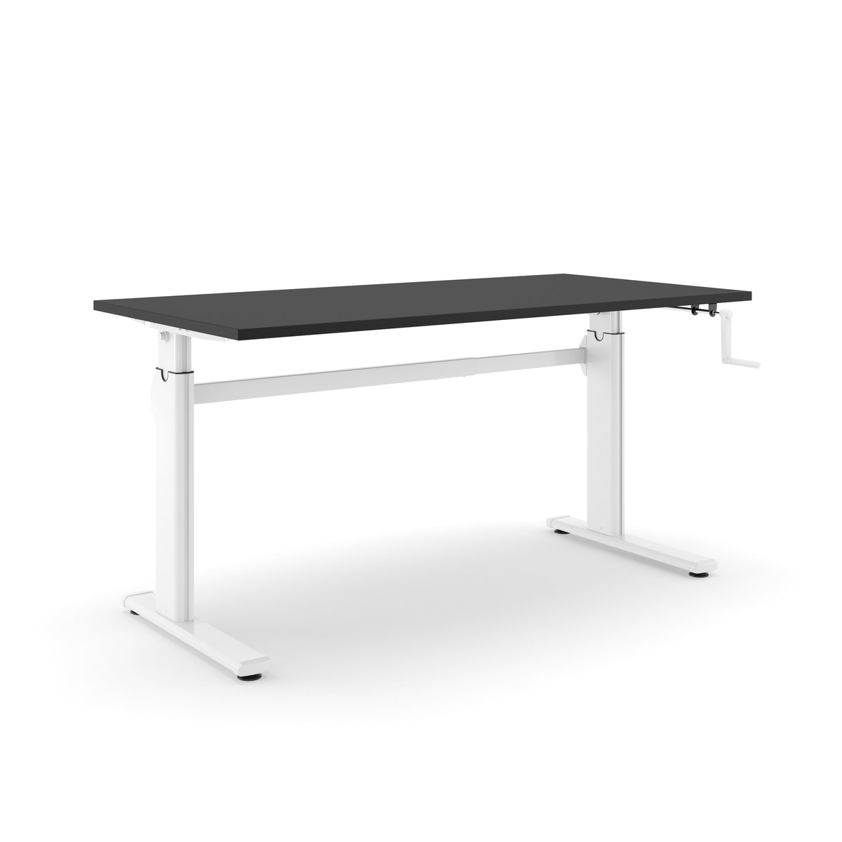 Zit-sta bureau AF 110 met zwart blad op een wit T-frame met handslinger