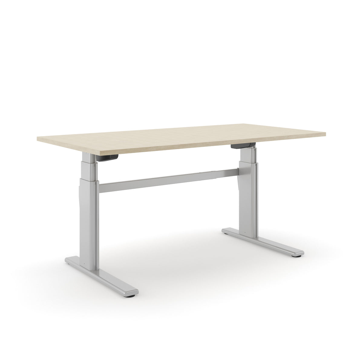 Elektrisch zit-sta bureau AF 250 met blad in licht eikendecor op een aluminiumkleurig T-frame