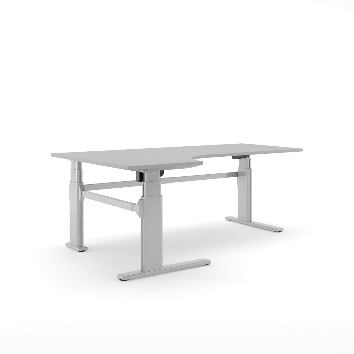 Elektrisch hoekbureau AF 250 met lichtgrijs hoekblad op aluminiumkleurige T-poten