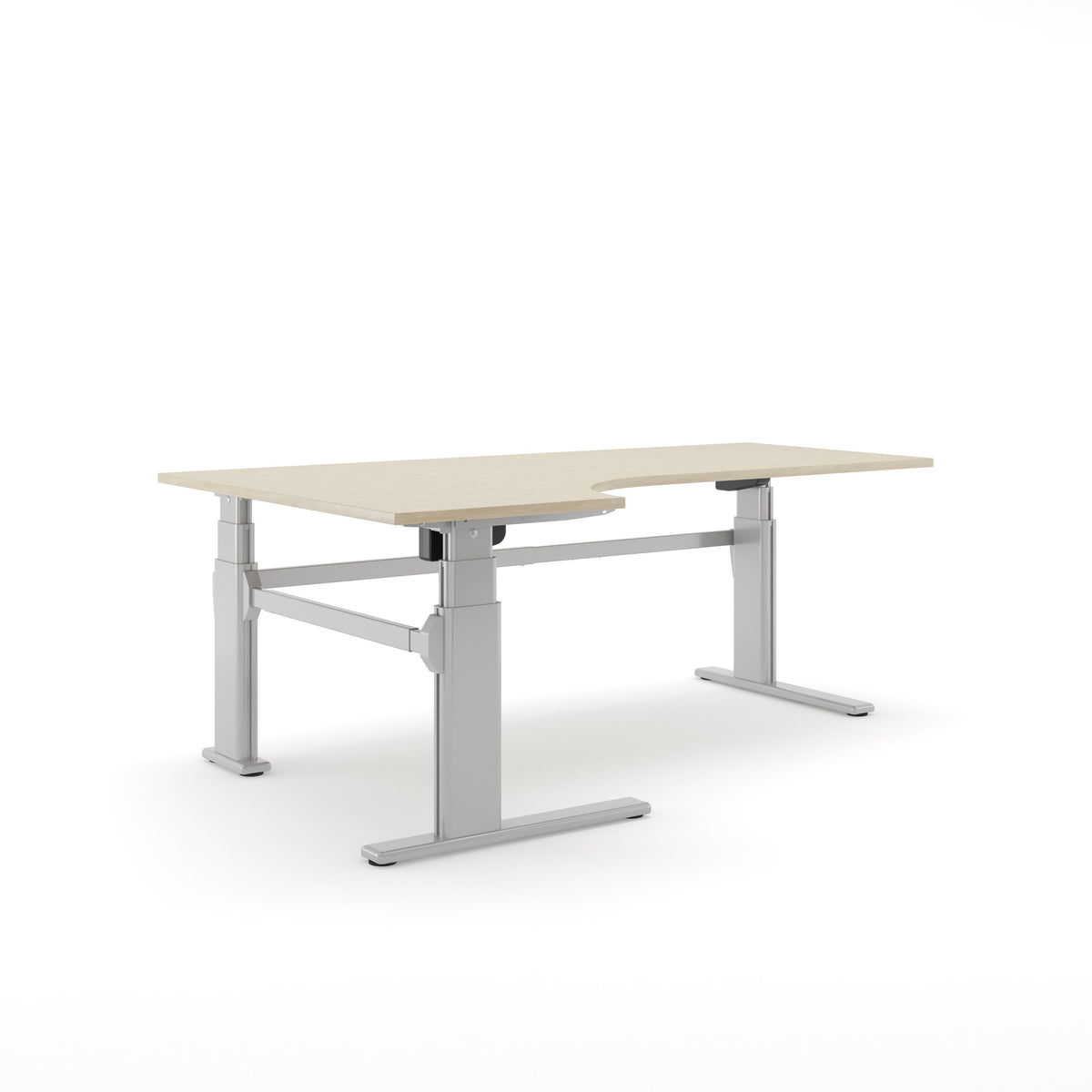 Elektrisch hoekbureau AF 250 met hoekblad in licht eikendecor op aluminiumkleurige T-poten