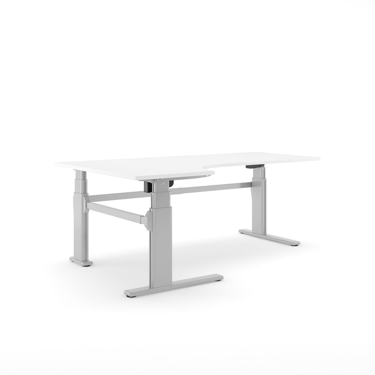 Elektrisch hoekbureau AF 250 met wit hoekblad op aluminiumkleurige T-poten