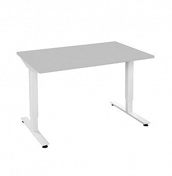 Bureau Beta met lichtgrijs rechthoekig blad op een wit metalen onderstel met T-poten