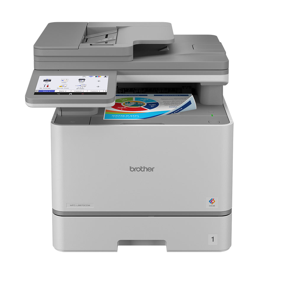Brother MFC-L8970CDW kleuren all-in-one laserprinter met donkergrijze bovenkant en een kleurenafdruk in de uitvoer
