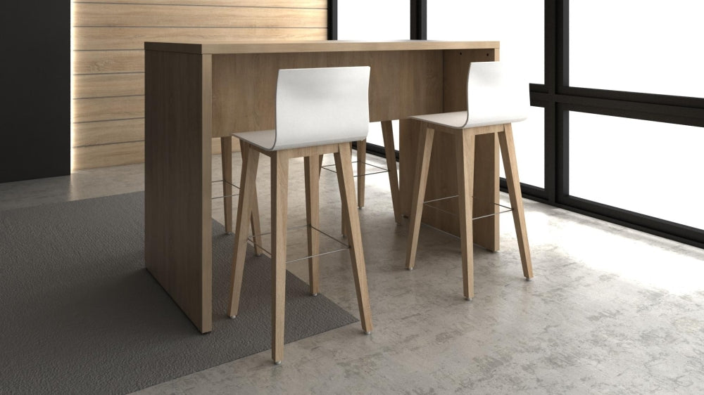 Bartafel Manager in houtdecor met witte barkrukken in een kantoorruimte