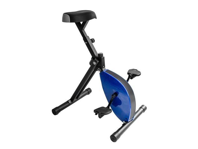Bureaufiets met zwart frame en blauw vliegwiel