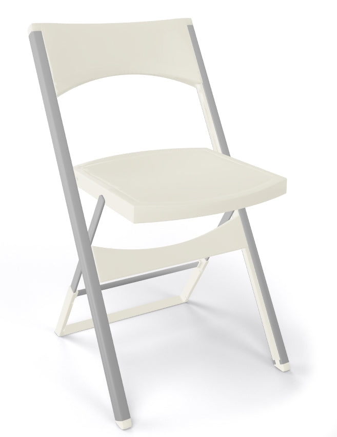 Klapstoel Compact met crèmekleurige zitting en rug op een slank aluminium klapframe