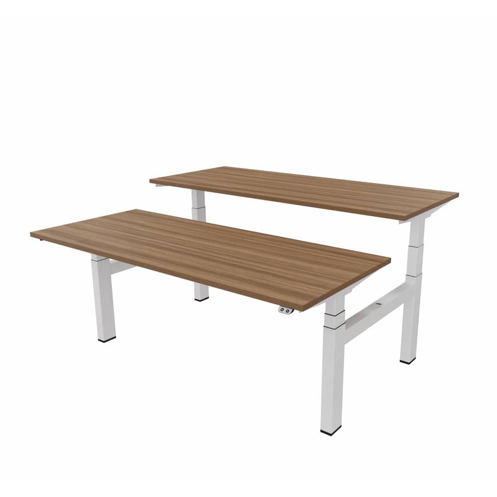 Matrix Pro Duo elektrisch bureau met donker eikendecor bladen op een wit onderstel