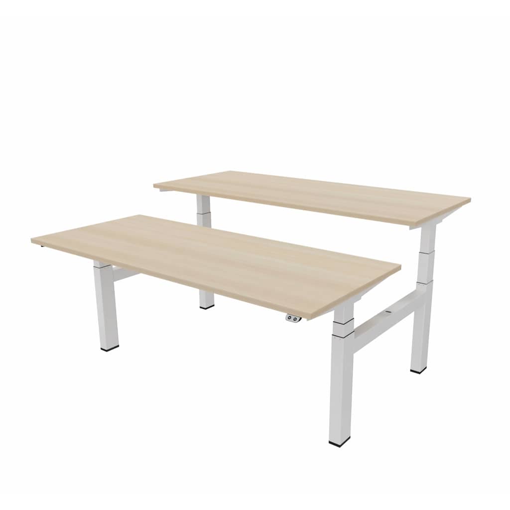 Matrix Pro Duo elektrisch bureau met blank eikendecor bladen op een wit onderstel