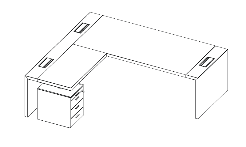 e-10 hoekbureau met aanbouwblok, maattekening