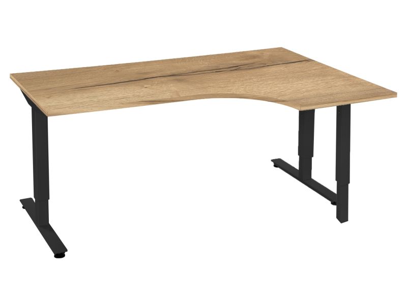 Bureau Beta met wing-blad in eikendecor en verbrede werkhoek, op een zwart T-frame