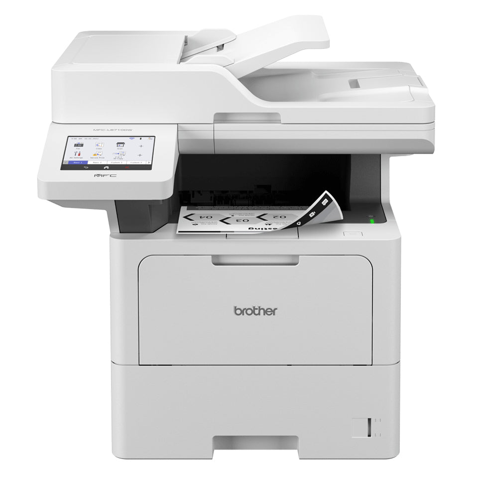 Brother MFC-L6710DW all-in-one laserprinter in lichtgrijs met documentinvoer bovenop en afdrukken in de uitvoer