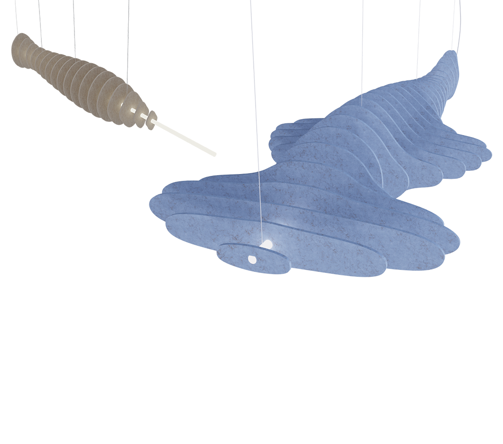 Twee akoestische hanglampen in blauw en beige naast elkaar
