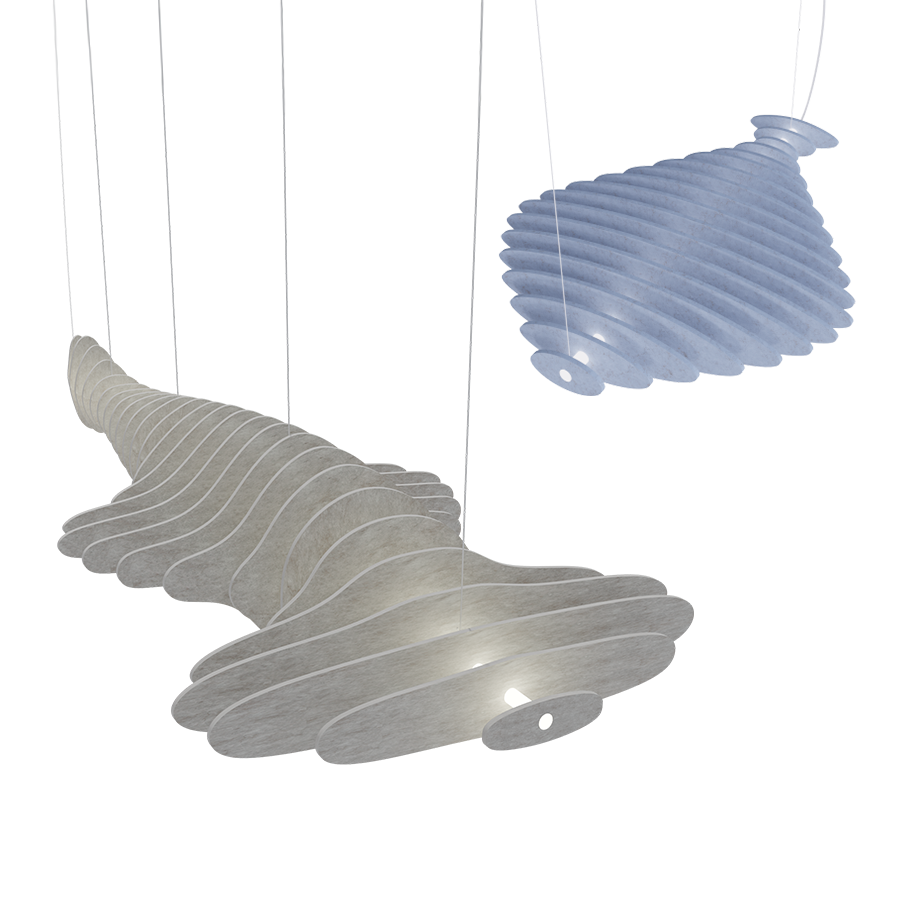 Twee akoestische hanglampen in wit en blauw, in de vorm van abstracte vissen