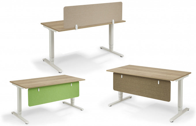 Twee bureaus met een opzetwand in beige en in groen PET-vilt