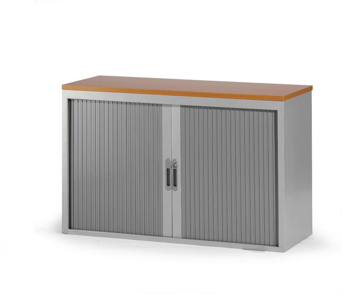 Lage roldeurkast in aluminium met een houtkleurig topblad