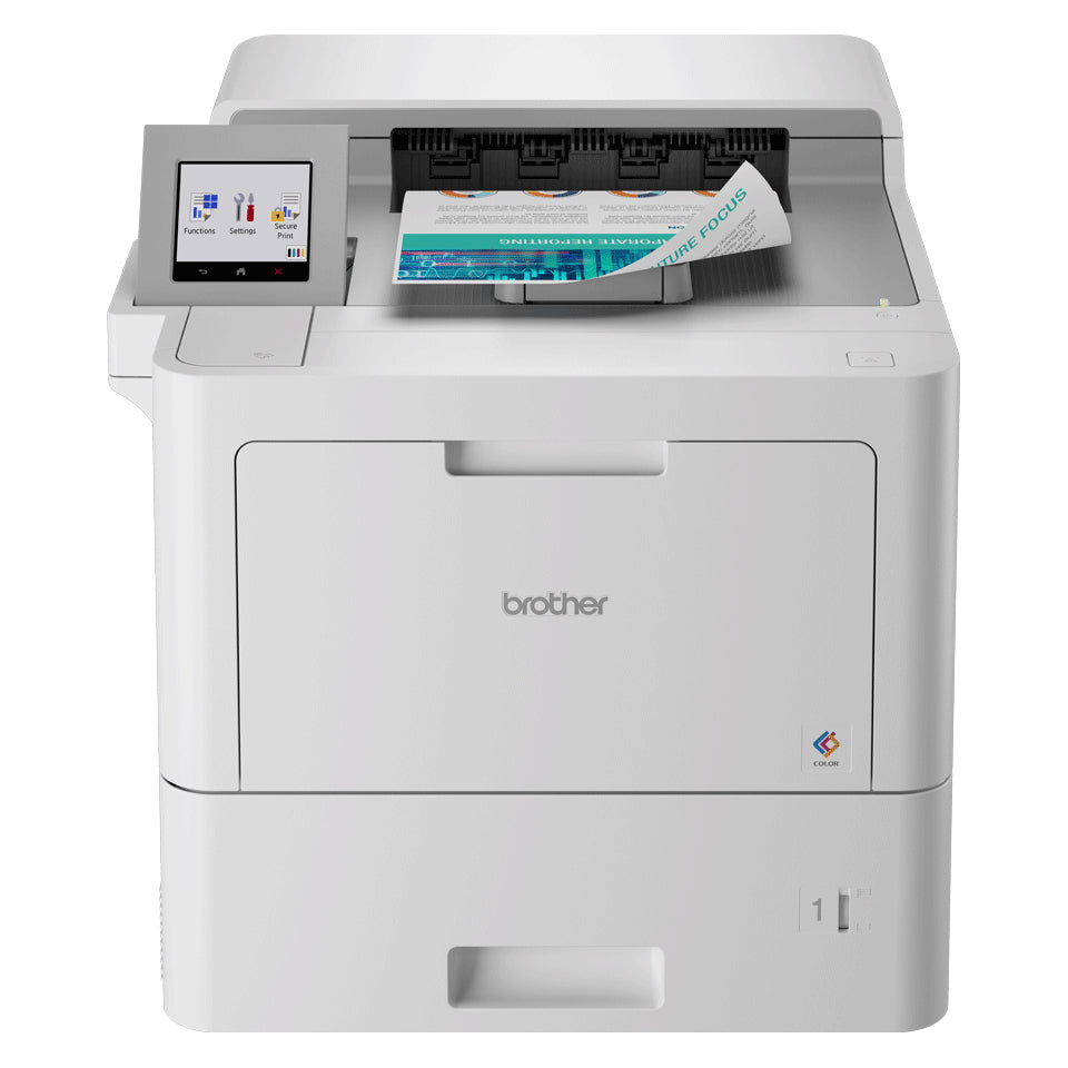 Brother HL-L9430CDN kleurenlaserprinter in lichtgrijs met kleurentouchscreen en een kleurenafdruk in de uitvoer