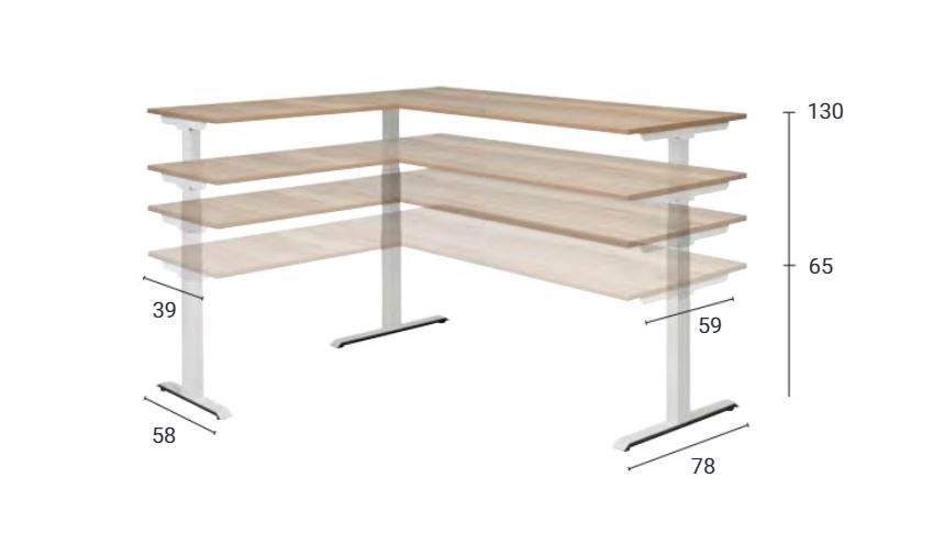 Maattekening Flex 3+ hoekopstelling met het elektrische hoogtebereik van 65 tot 130 cm