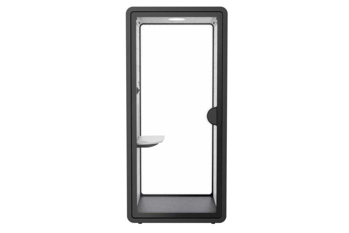 Belcel van voren gezien, zwart frame met glazen deur over de volle hoogte en lichtgrijs wandblad binnenin