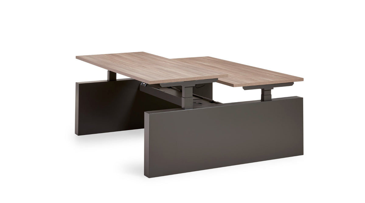 Flex 3+ bench wang met antracietgrijze wangenpoten en donker houtdecor bladen op gelijke hoogte