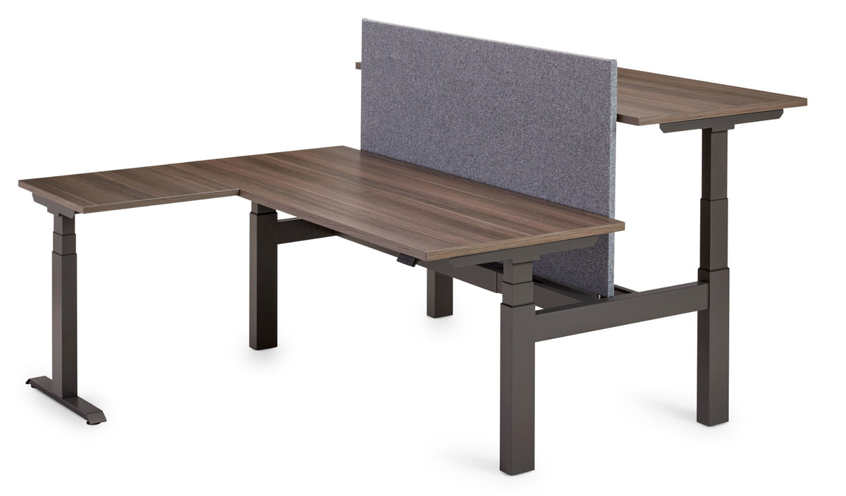 Flex 3+ bench met aanbouwblad op zwart T-frame, een blad in stahoogte, met grijs zichtscherm