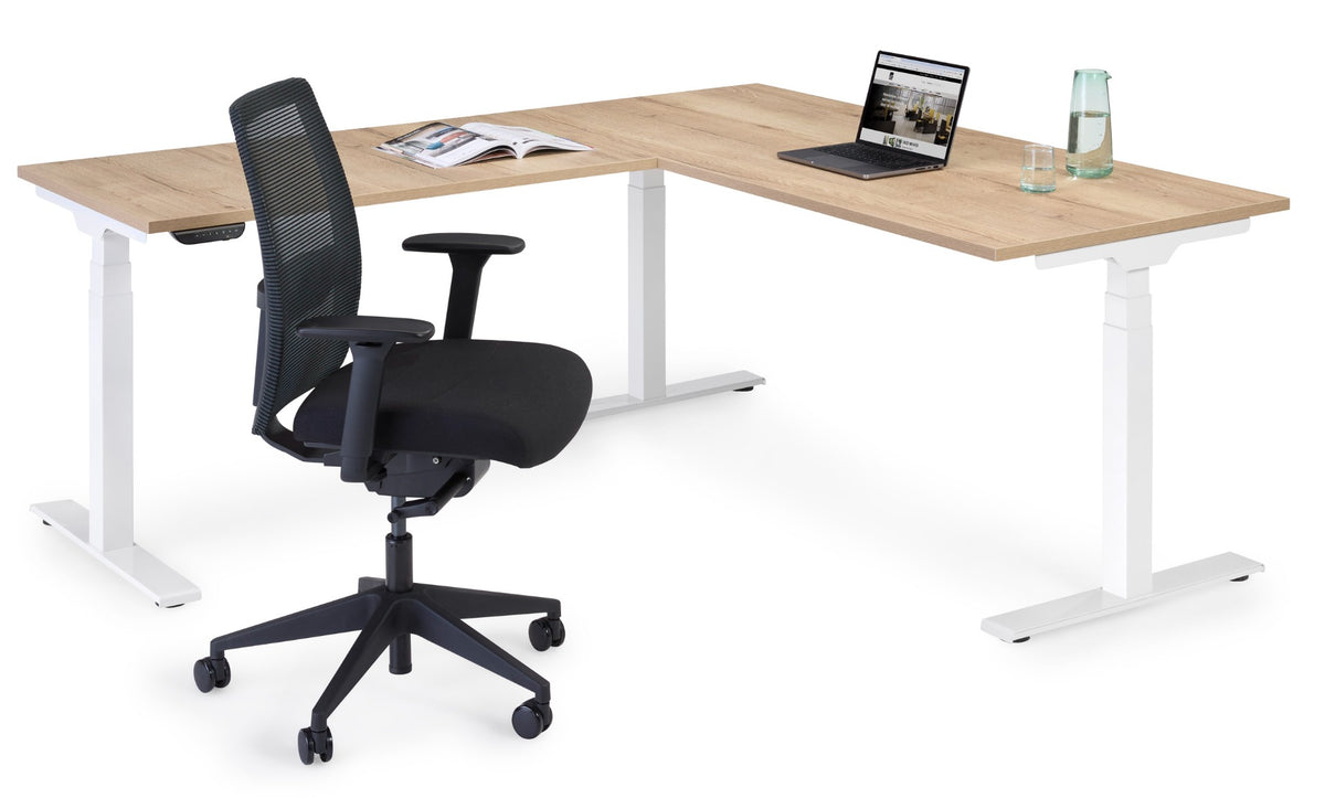 S-Line hoekopstelling met wit frame en houtdecor bladen, gezien vanaf de andere zijde