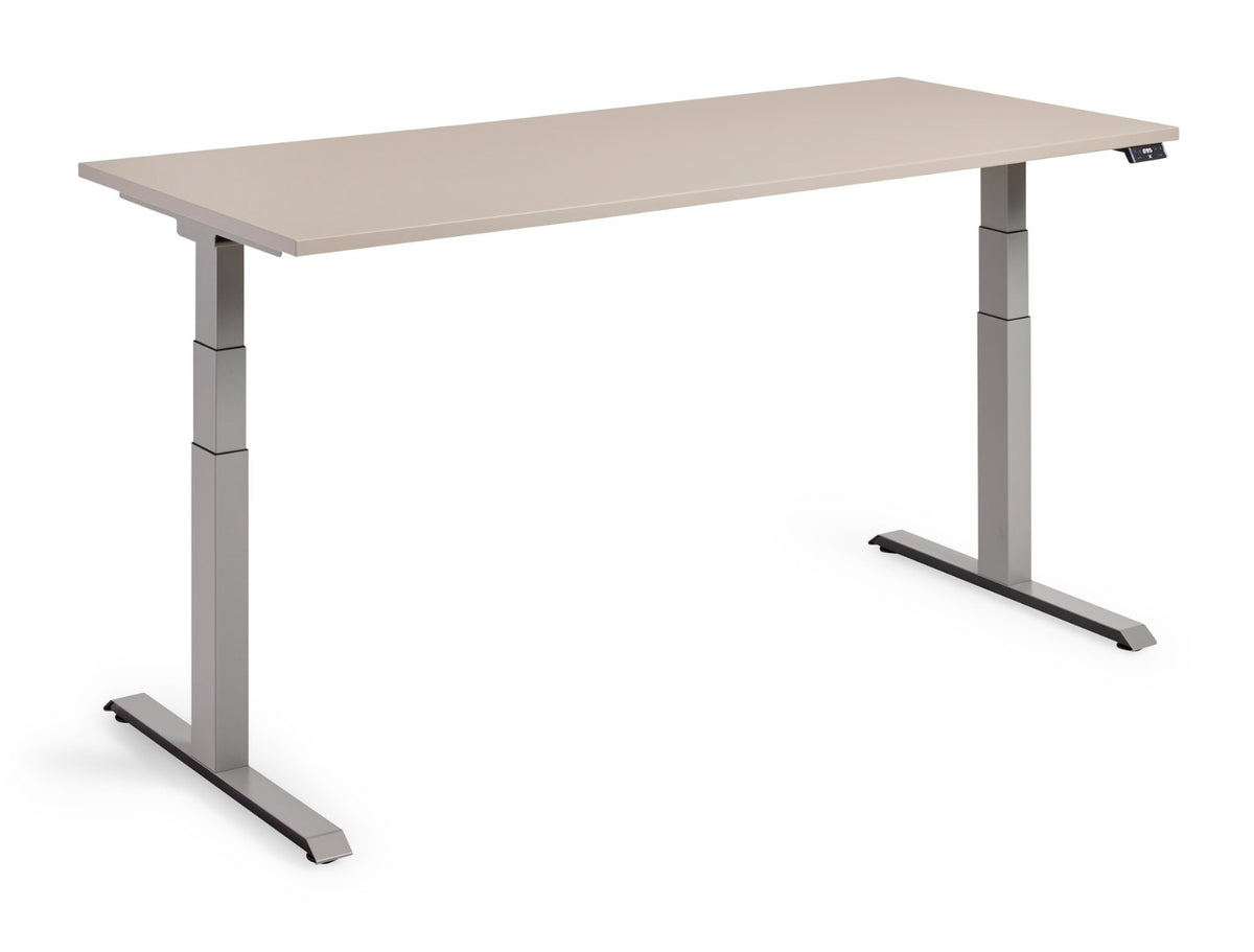Flex 3+ zit-sta bureau in tussenstand, steengrijs frame met T-poten