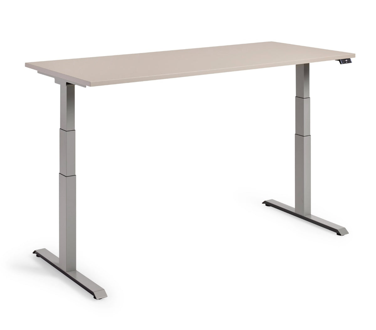 Flex 3+ zit-sta bureau in stahoogte, steengrijs frame met uitgeschoven telescooppoten