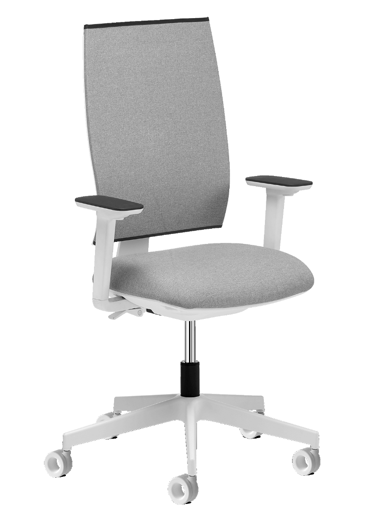 Team Strike Evo in witte uitvoering met grijze mesh rug en lichtgrijze zitting, op een wit voetkruis met wielen