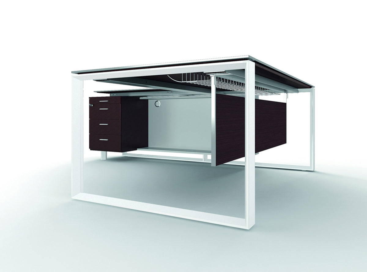 X7 directie hoekbureau met glazen blad en zwarte aanbouw