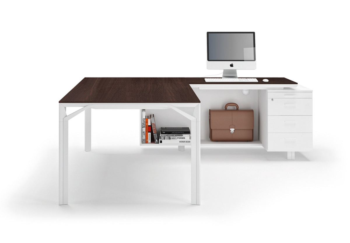 X8 directie hoekbureau in donker houtdecor met witte aanbouwkast, achterzijde
