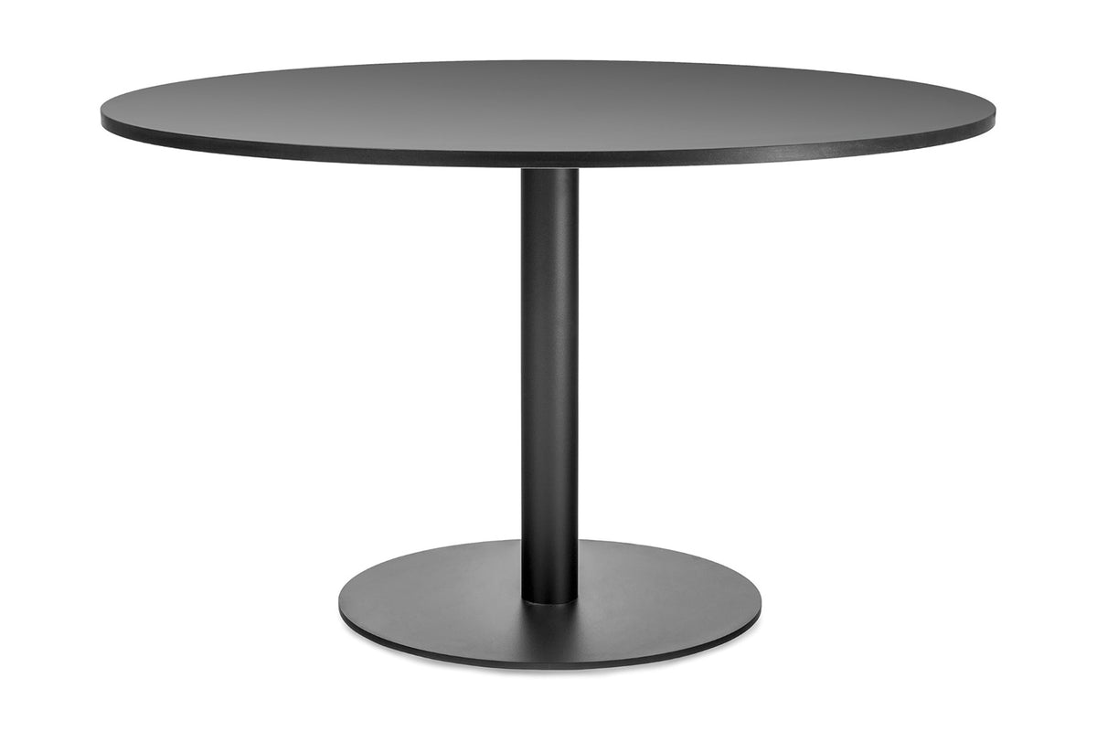 Mara 250 ronde kolomtafel met antracietgrijs blad op een zwarte kolom met ronde voetplaat