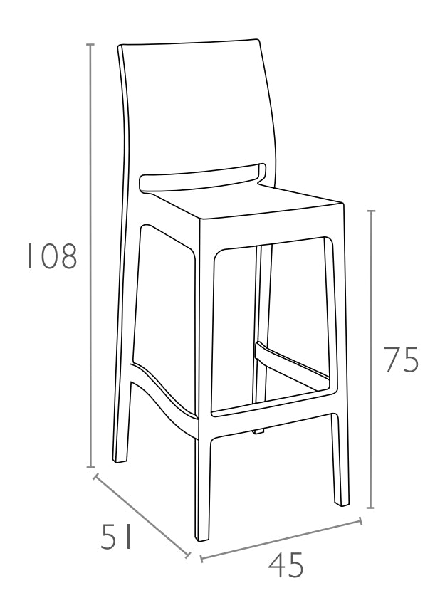 Maya barkruk, maattekening 108 cm hoog, zithoogte 75 cm
