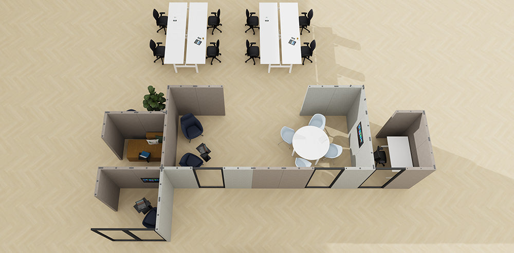 ModuWall: render van bovenaf met beige modulaire wanden rond werkplekken en een overleghoek