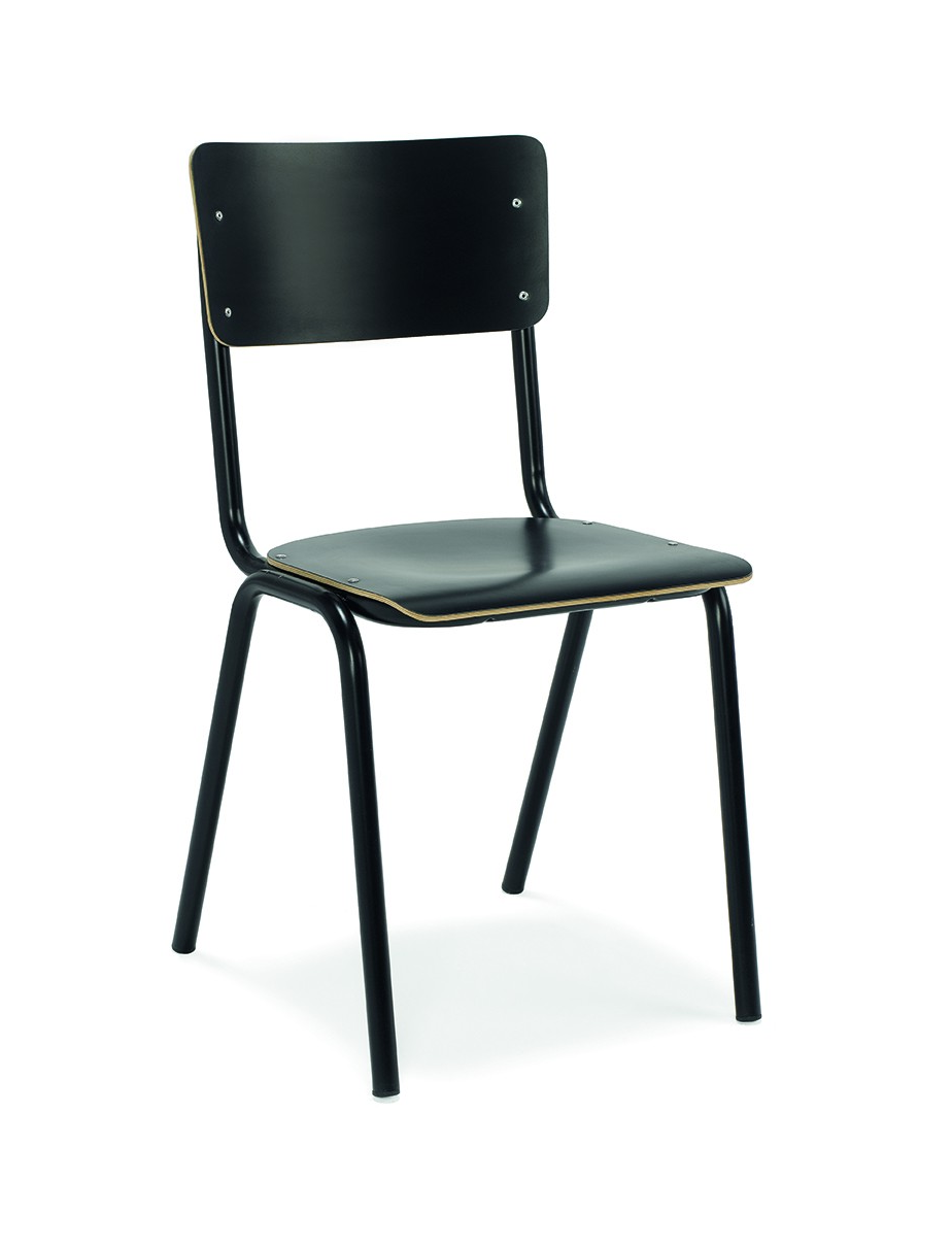 Kantinestoel MX HPL in zwart, met zit- en rugschaal met zichtbare klinknagels op een zwart metalen frame