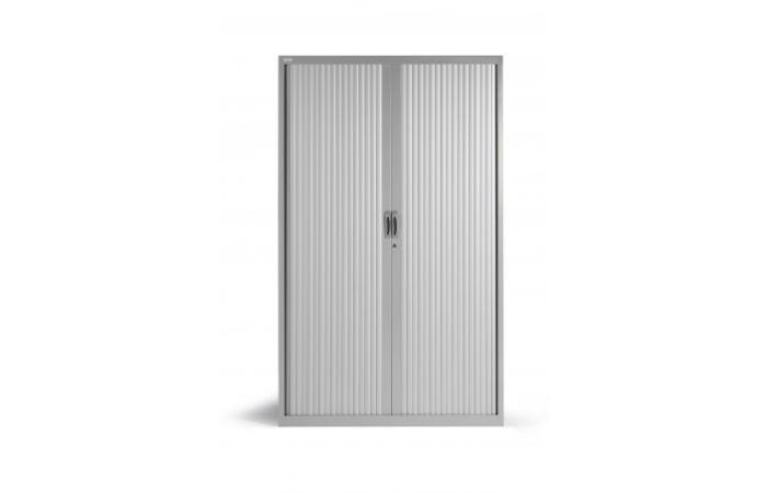 Hoge NG roldeurkast in aluminium, met gesloten roldeuren van verticale lamellen en een slot in het midden