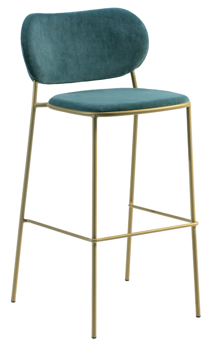 Nuta Light barkruk met groen gestoffeerde zitting en rug op een slank goudkleurig frame met voetsteun