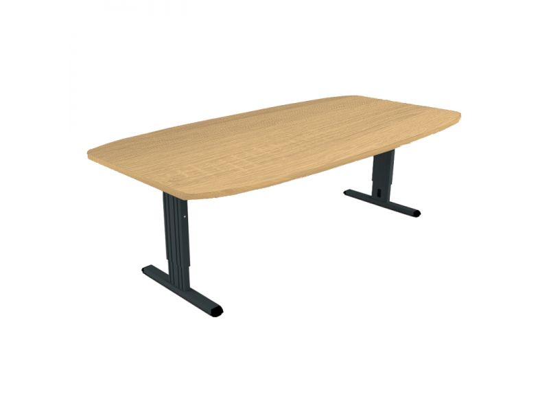 Vergadertafel met tonvormig blad in licht eikendecor op twee zwarte T-poten