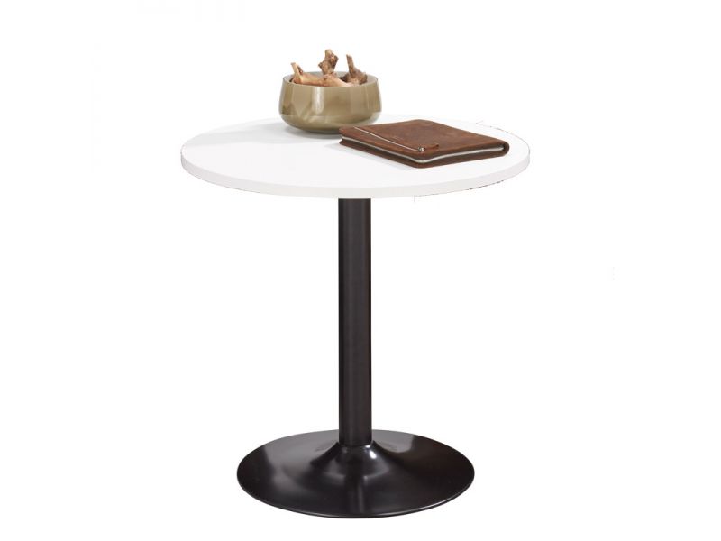 Kleine ronde vergadertafel met wit blad op een zwarte kolom met ronde voetplaat
