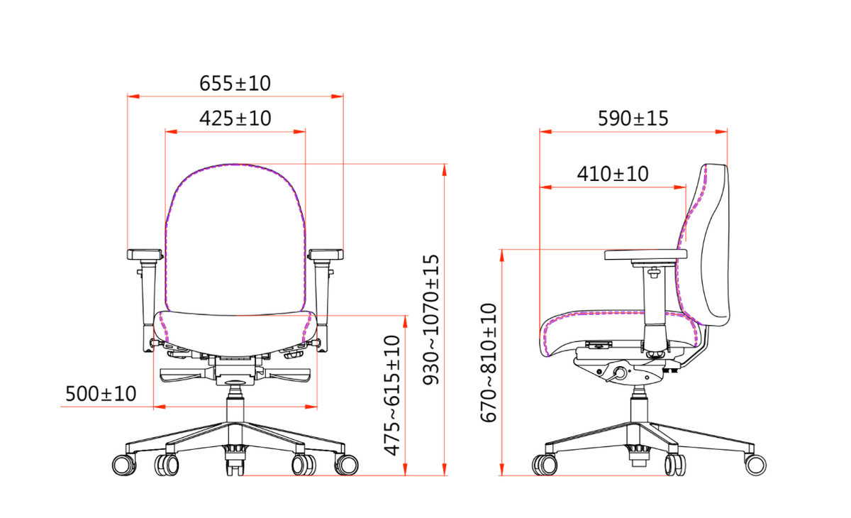 Maattekening van bureaustoel Therapod X Compact met zit- en rugmaten