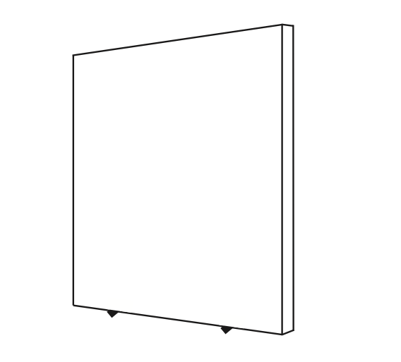 Lijntekening van een losse koppelwand: rechthoekig akoestisch paneel met twee voetjes aan de onderzijde