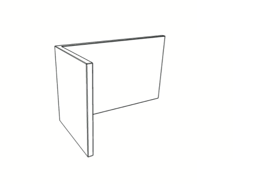 Lijntekening van de L-opstelling in perspectief, twee haaks geplaatste panelen zonder maatvoering