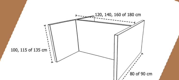 Lijntekening van een akoestische H-opstelling: twee zijpanelen met een dwarspaneel ertussen en maatvoering