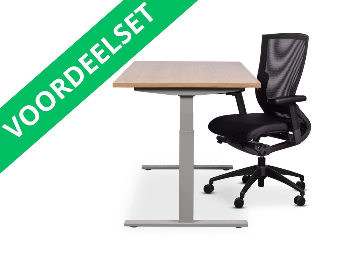 Voordeelset met elektrisch zit-sta bureau met houten blad op zilveren T-poot en een zwarte bureaustoel met mesh rug