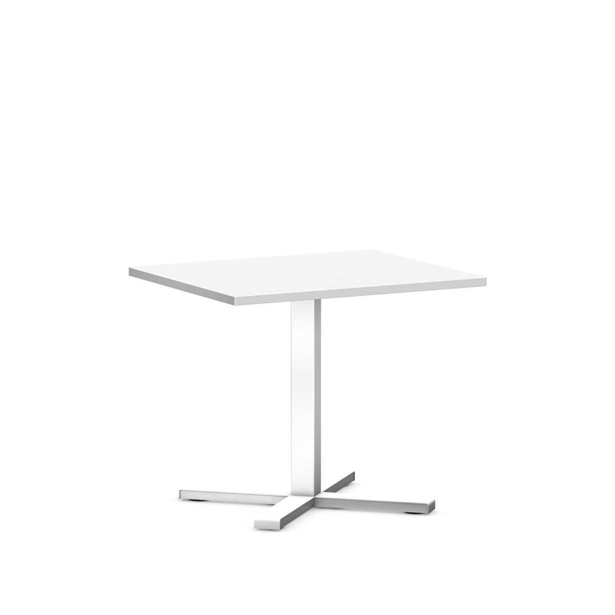 Het compacte bureau in de laagste stand, met vierkant wit blad op een witte kolom met kruisvoet