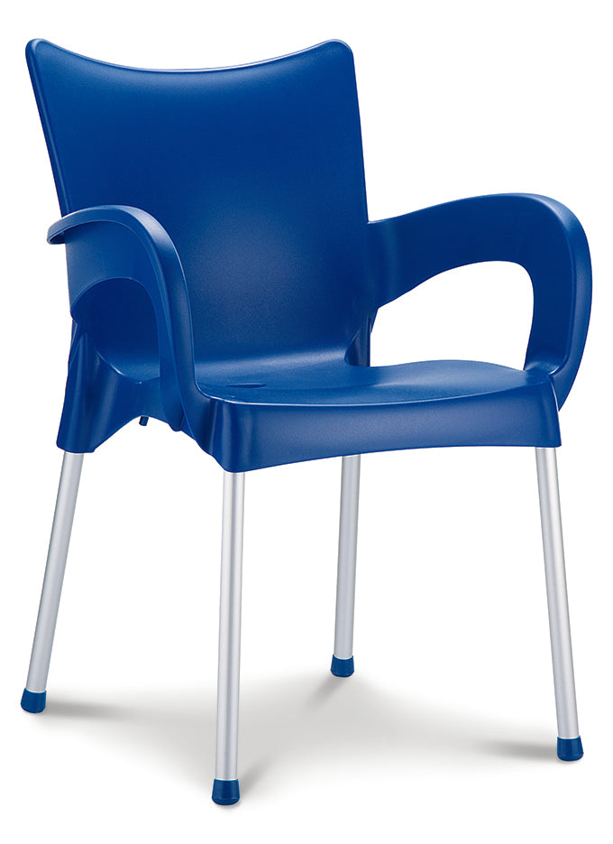 Blauwe armstoel met kunststof kuip op aluminium poten