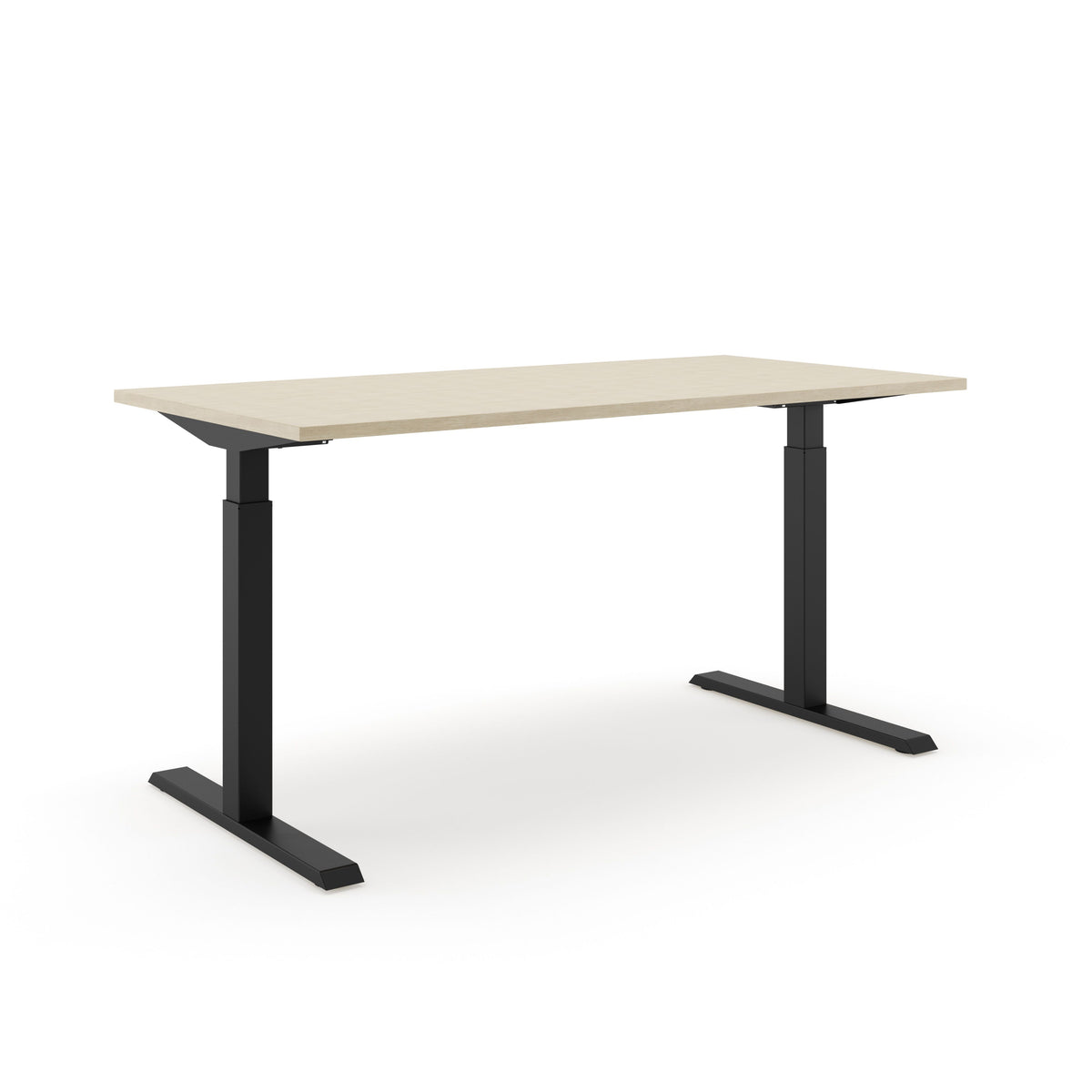 Elektrisch zit-sta bureau SF 370 met blad in eikendecor op een zwart T-frame, schuin van voren